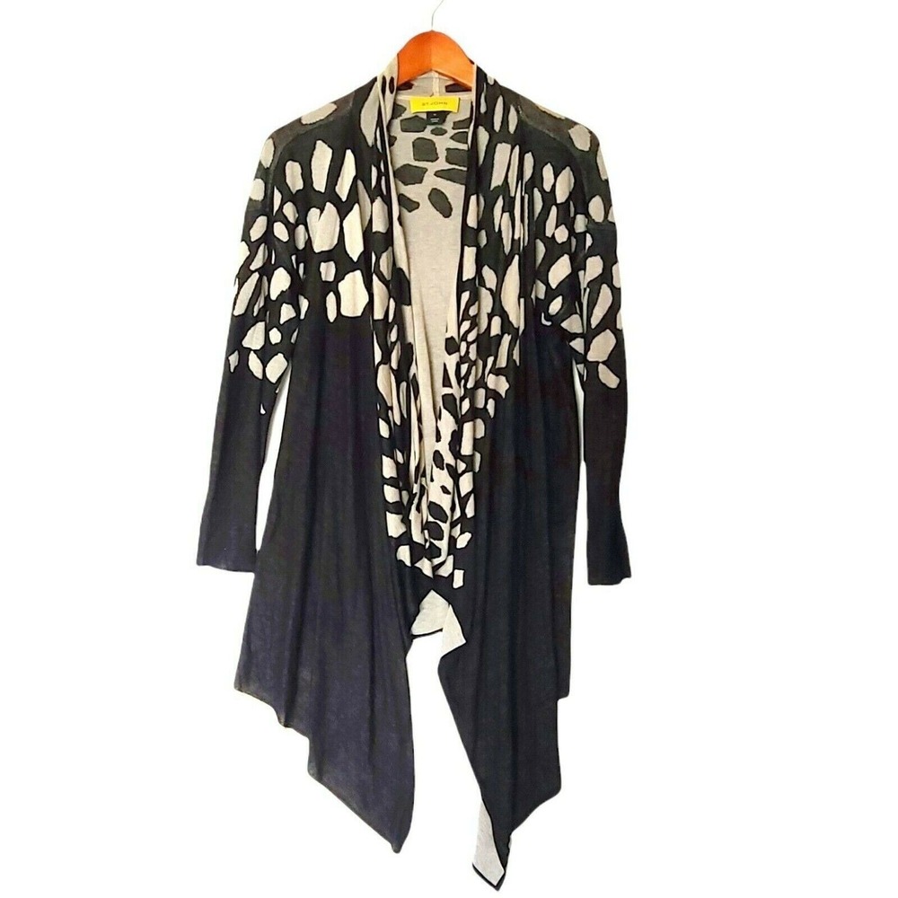 St. John Waterfall Open Front Cardigan Sweater  M Medium Animal Print‎ Cotton